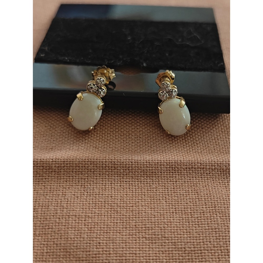 14k Yellow Gold Oval Opal and Diamond Accent Drop Earrings Vintage Style - Picture 1 of 6